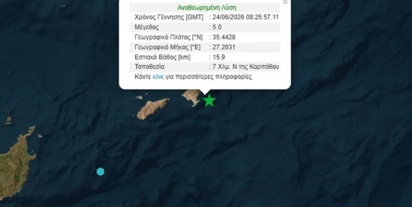 Σεισμός 5 Ρίχτερ στην Κάρπαθο – Αισθητός στην ευρύτερη περιοχή