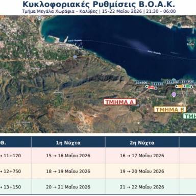 ΒΟΑΚ: Κυκλοφοριακές ρυθμίσεις στο τμήμα M. Xωράφια-Καλύβες