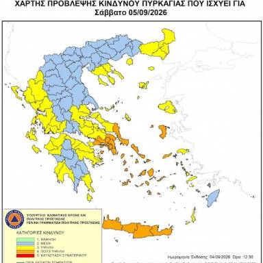Πολύ Υψηλός Κίνδυνος Πυρκαγιάς για αύριο Σάββατο 5 Σεπτεμβρίου 2026 σε όλη την Κρήτη