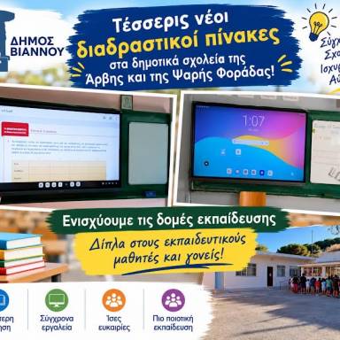Νέα εκπαιδευτική ενίσχυση από τον Δήμο Βιάννου – Τέσσερις διαδραστικοί πίνακες σε Άρβη και Ψαρή Φοράδα